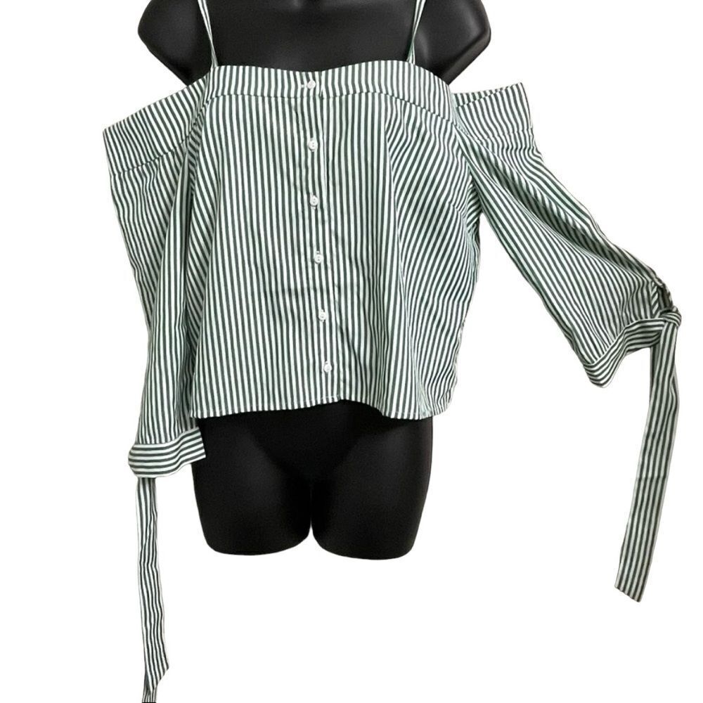 Le Lis Green and White Striped Off Shoulder Top with Tie Straps at Wrists Medium